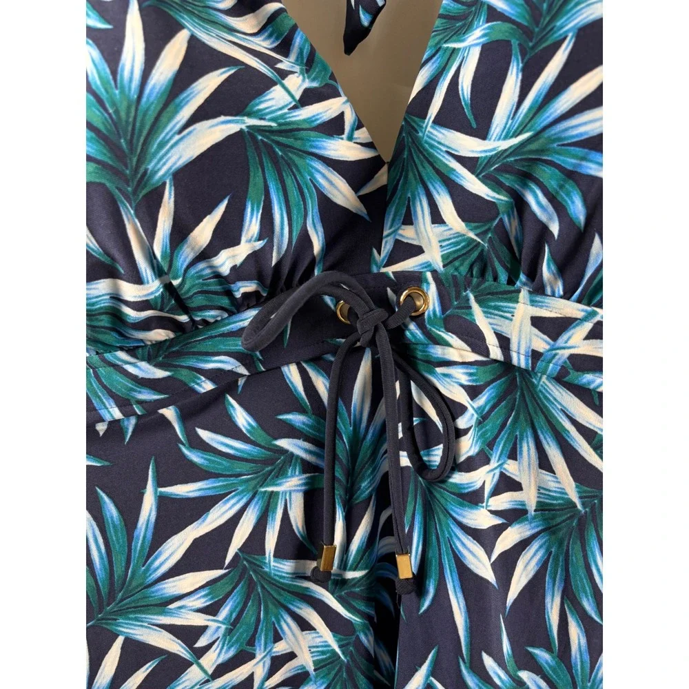 Coastal Blue Womens 3X Tropical‎ Palm Leaf Halter Tankini Top Navy Teal White